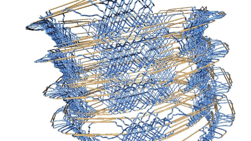 Train rotations are optimized over four weeks (blue: timetabled tripes, yellow: deadhead trips